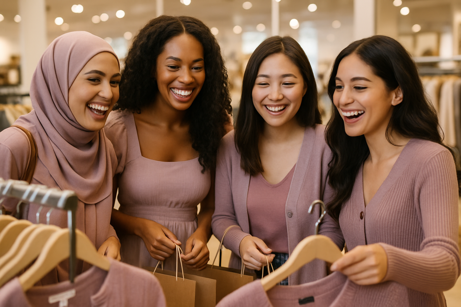 realistic, natural, 4 multi-cultural women of color, clothes shopping, happy, wearing soft shade of pinkish purple, with a muslim women, and an attractive black women with long 3A hair type