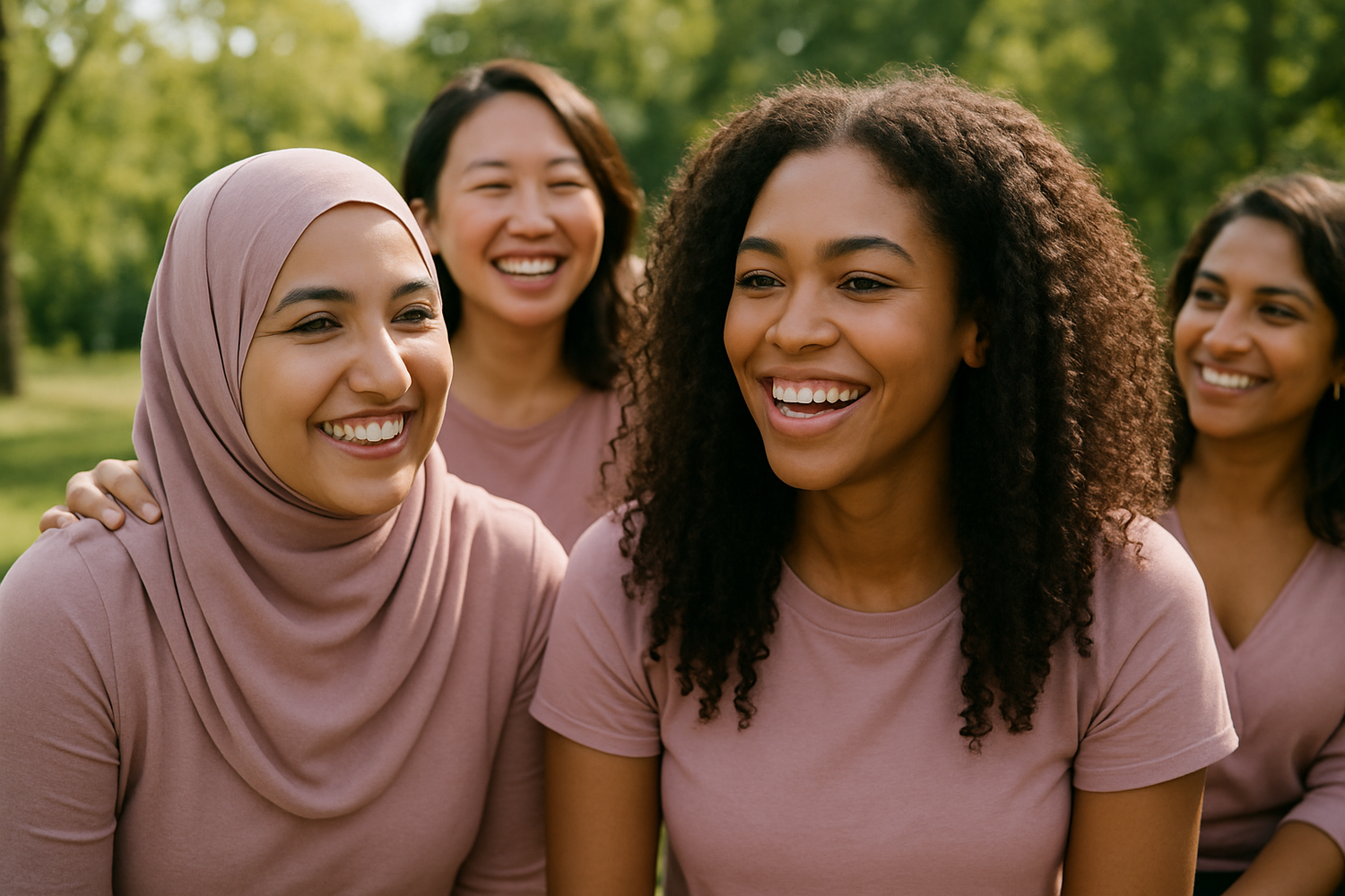 realistic, natural, multi-cultural women of color, outdoors, happy, wearing soft shade of pinkish purple, with a muslim women, and an attractive  black women with long 3A hair type